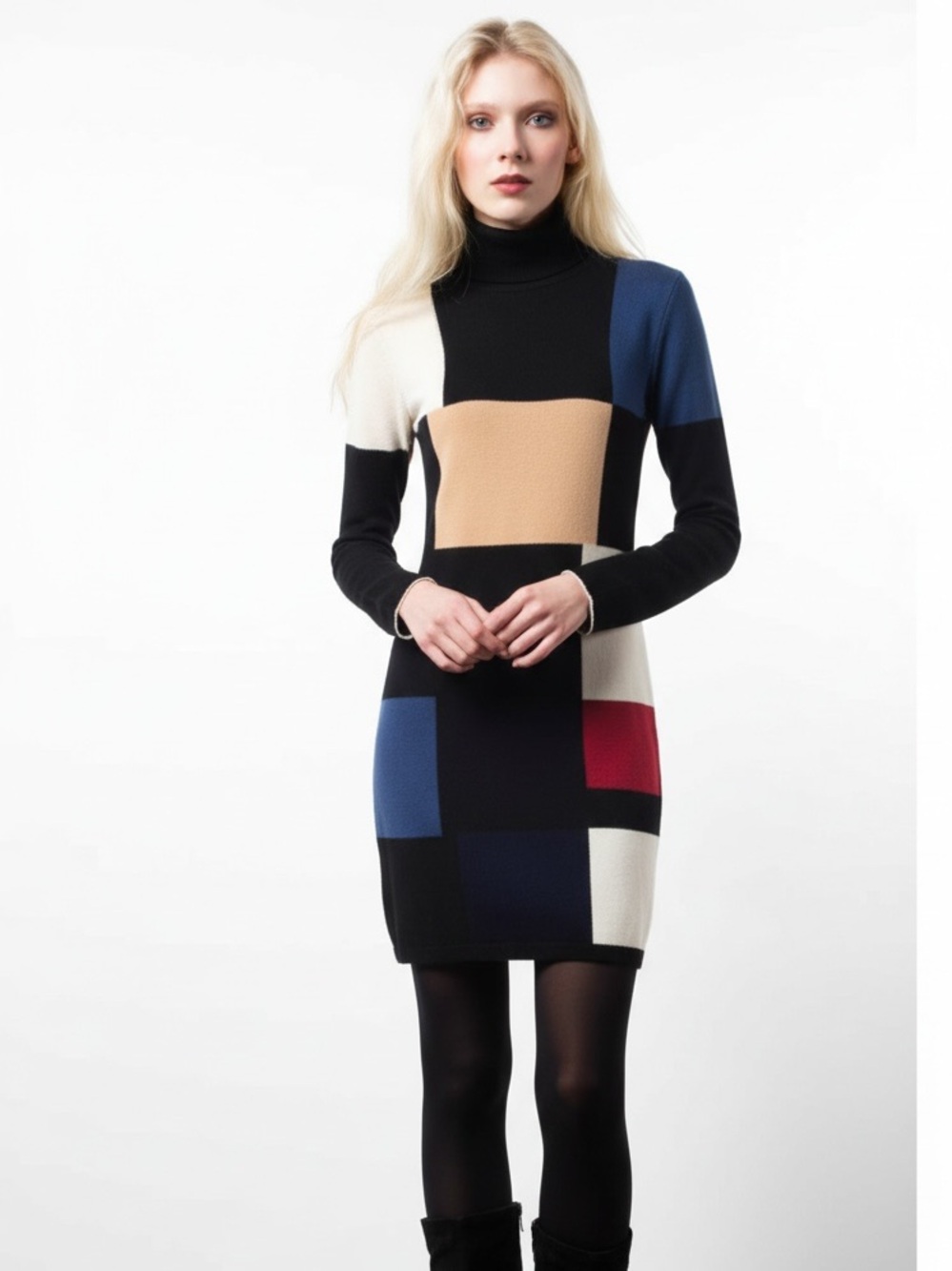 Qi Cashmere 100% Cashmere Colour Block Turtleneck Sweater Dress XS Fall Casual